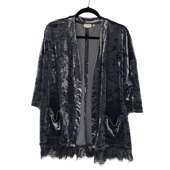 LOGO Lori Goldstein Gray Crushed Velvet Open Front Kimono Jacket Lace Boho - Picture 1 of 9